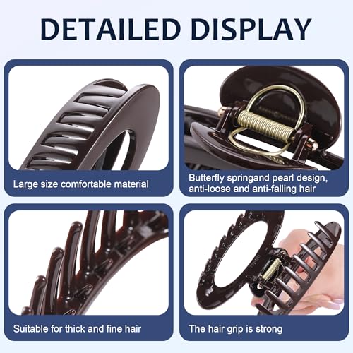 4 Pack Oval Hair Clip, 4.7" Large Durable Trendy Hair Claw Clip with Bead & Butterfly Spring, Premium PC Material Cozy Fashion Hair Claw for Thick Hair, Gift Set for Women Girls, Daily Wear - color: Classic Color 3: Black, White, Wine Red and Chocolate Br