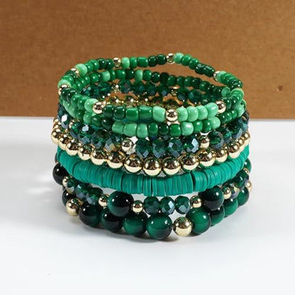 7/12Pcs Set Bohemian Stackable Crystal Seed Beaded Elastic Stretch Bracelet Multilayerd Handmade Brass Bead for Women Jewelry Surfer Heishi Polymer Clay Layering - color: red
