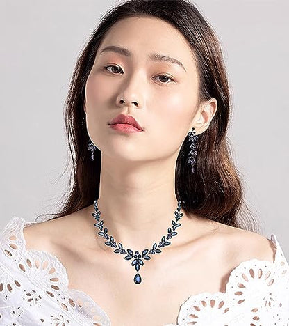 CSY Elegant Bridal Jewelry Sets Wedding Prom Homecoming Gown Accessories | Austrian Marquise Crystal Wedding Necklace Dangle Earrings Tennis Bracelet Ring Set for Bride Women Costume Accessories - color: navy blue crystal-platinum tone