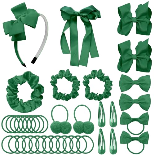 LACGO Pack of 37 Hair Bow Accessories - School Uniform Hair Clips Grosgrain Bow Headband Ribbon Alligator Ponytail Holder for Toddlers Teen Girls Uniform Party Prom Wedding(Dark Green) - color: Dark Green