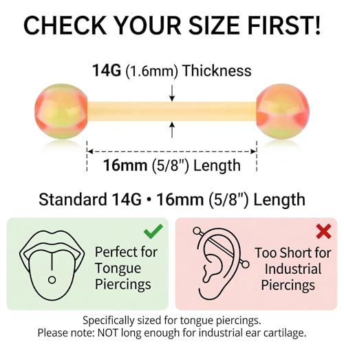 Zolure 10Pcs 14G Tongue Rings Acrylic Candy Color Tongue Piercing Jewelry Flexible Plastic Nipple Rings Tongue Barbells for Women 16mm - color: Pink+Orange 10pcs