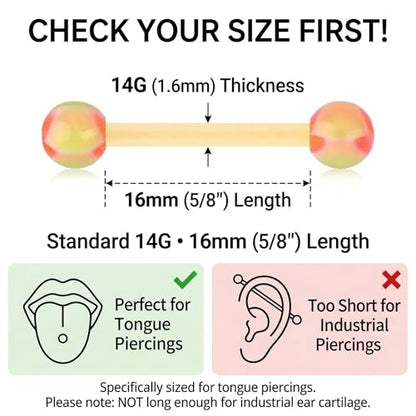 Zolure 10Pcs 14G Tongue Rings Acrylic Candy Color Tongue Piercing Jewelry Flexible Plastic Nipple Rings Tongue Barbells for Women 16mm - color: Pink+Orange 10pcs
