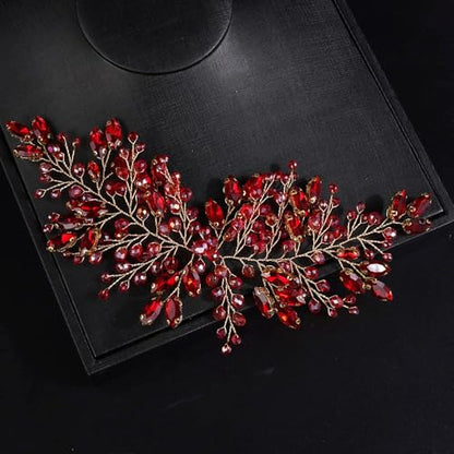 Boho Red Rhinestones Headband for Women Girls Wedding Bridal Handmade Branches Headpiece Special Occasion Hair Styling Jewelry (Red) - color: Red