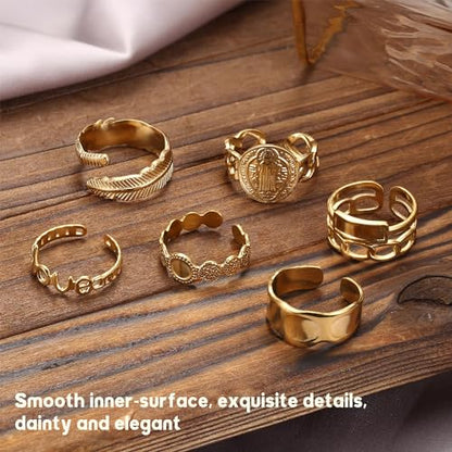 Besteel 18K Gold Plated Rings for Women, Stainless Steel Statement Rings Pack Stacking Boho Midi Rings Adjustable Open Ring Band Twisted Signet Rings Non Tarnish Gold Rings