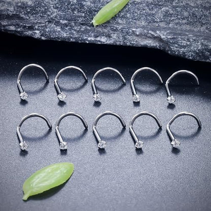 ASTM F136 Titanium Nose Rings 18G 20G 22G Clear Cubic Zirconia Nose Studs Ring Screw L-Shaped Bone Hypoallergenic Body Piercing Jewelry for Women 1.5mm 2mm 2.5mm 3mm 10PCS - style: Screw:18G(1.0mm)-1.5mm CZ