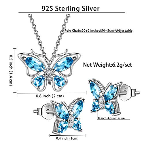 925 Sterling Silver Birthstone Butterfly Jewelry Women Crystal Animal Cute Butterflies Birthday Necklace/Earring/Ring/Bracelet Sets Birth Stone Statement Anniversary Jewellery - color: 1-C.March-Aquamarine