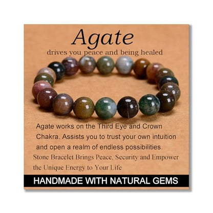 MASSIVE BEADS Handmade Yoga Stretch Elastic Bracelet Natural Stone Crystal Healing Power Energy Gifts for Unisex Adult 4mm 6mm 8mm 10mm - color: Indian Agate(Peaceful), size: 10mm