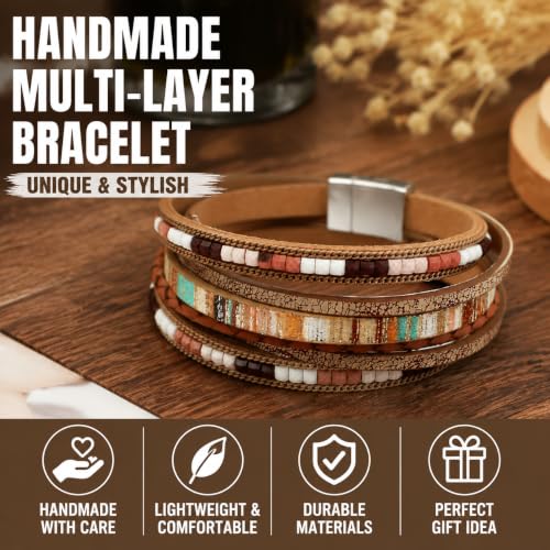 Leather Wrap Bracelets for Women, Boho Leopard Multi-Layer Crystal Beads Cuff Jewelry - color: J-Warp-034