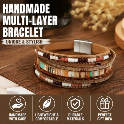 Leather Wrap Bracelets for Women, Boho Leopard Multi-Layer Crystal Beads Cuff Jewelry - color: J-Warp-034