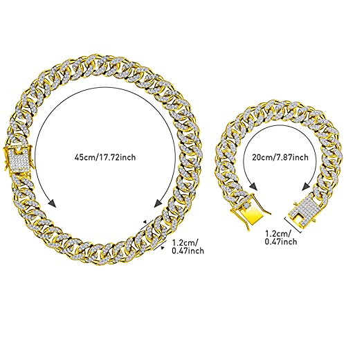 Hicarer 2 Pieces Cuban Link Chain for Men Women Cuban Necklace Bracelet Heavy Strong Link Chain Bling Unisex - color: Gold, size: 17.72 Inch, 7.87 Inch