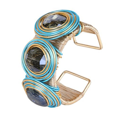 Chunky Gold Cuff Bracelets for Women Stack Silver Bracelet Vintage Bohemian Indian Bangles for Women Adjustable Open Wide Gold Bangle Bracelet Trendy Statement Jewelry - style: METALLIC FINISH SPIRALS THREE BLUE GLASSSTONE