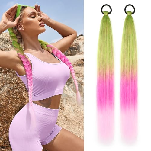 Ponytail Extension with Hair Tie Straight Sleek Wrap Around Braid Ponytail | 2 Pack Braid Ponytail Extension, Green Pink Gradient 26 Inch Braid Extensions for Women (Green/Rose Pink/Light Pink#) - color: Green Pink#, size: 26 Inch（Pack of 2）
