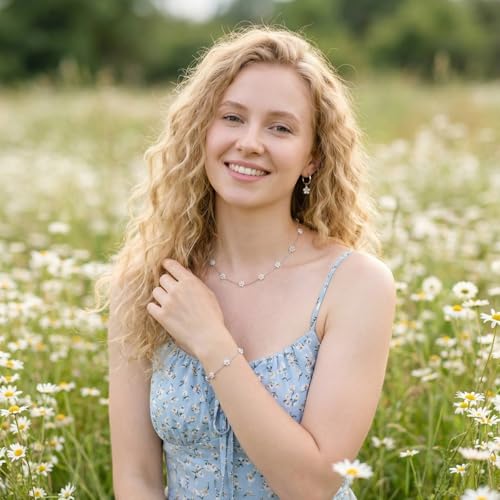 Daisy Pearl Jewelry Set for Women, 14K Gold Plated Stainless Steel Necklace Bracelet Earring 3 Piece Set, Dainty Pearl Choker Flower Necklace Birthday Gift for Her - color: Silver Pearl White
