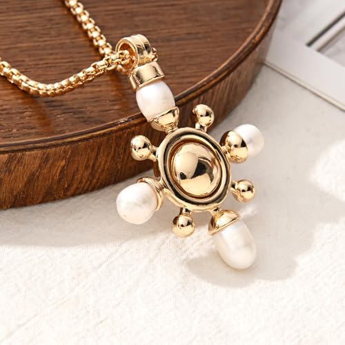 14K Gold Plated Two Sides Carved Stone Heart Shape Necklace for Women Love Pendant Necklace Jewelry for Daily and Gifts - color: Cross&pearl