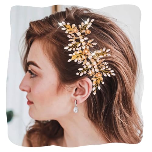 Evild Rhinestone Wedding Hair Comb Leaf Bead Bride Headpieces Hair Clip Crystal Bridal Headdress Flower Wedding Hair Accessories for Brides and Bridesmaids (Gold) - color: Gold