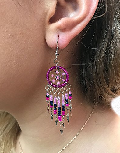 Beaded Dreamcatcher Earrings for Women, Long Boho Fringe Dangle Earrings, Lightweight Colorful Statement Jewelry, Handmade - color: Magenta & Pink