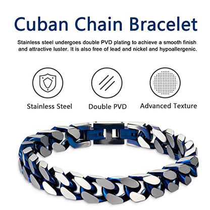 Mens Bracelet-Stainless Steel Fold Over Clasp Cuban Chain-Bracelets for Men - color: E-Blue