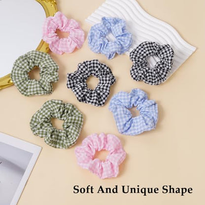 Satin Scrunchies for Women – 8PCS Plaid Mix (Light Blue, Black & White, Pink, Dark Green) Silk Hair Ties – No Crease, Frizz-Free, Retro & Chic Hair Bands for Thick & Thin Hair, Trendy Hair Accessories - color: Large-Plaid
