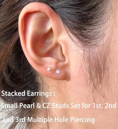 6Pairs 2mm/3mm Surgical Steel Hypoallergenic Piercing Studs, 20G 14K Real Gold Filled Tiny Stud Earrings Set for Multiple Hole Piercing (Cubic Zirconia, Pearl, Ball) - style: K01 : 3MM, Gold Pearl + Cubic Zirconia, 6 Pairs