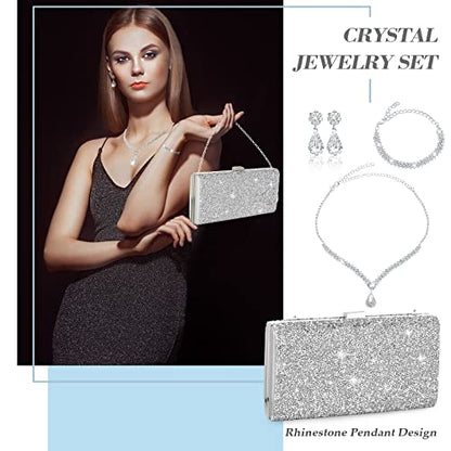 Mixweer 4 Pieces Clutch Purses Bag for Women Evening Rhinestone Jewelry Set Bling Necklace Earrings Bracelets Set for Wedding - style: Bright Style
