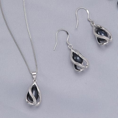 Pearl Jewelry Set For Women S925 Sterling Silver/14K Gold Plated Necklace & Earrings Set Freshwater Pearl Pendant Cage Set for Wedding Anniversary Prom Birthday Gift - color: Silvery-Black