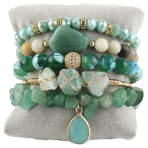 Yomisa 5PCS 6PCS Natural Boho Beaded Bracelets/Bangle for Women Men,Healing Turquoise Jasper Agate Crystal Gemstone Stone Chakra Multilayer Wrap Bohemian Handmade Jewelry Beads Stretch Bracelet Set - color: 5PCS-Sea green