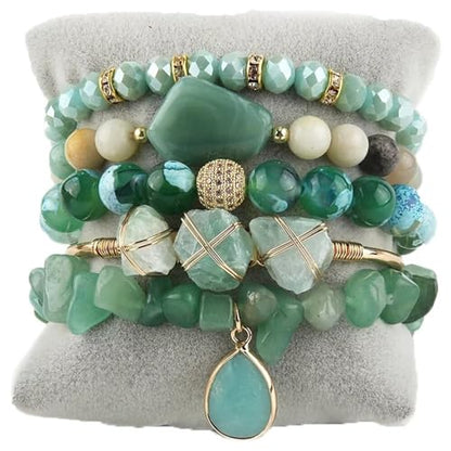 Yomisa 5PCS 6PCS Natural Boho Beaded Bracelets/Bangle for Women Men,Healing Turquoise Jasper Agate Crystal Gemstone Stone Chakra Multilayer Wrap Bohemian Handmade Jewelry Beads Stretch Bracelet Set - color: 5PCS-Sea green