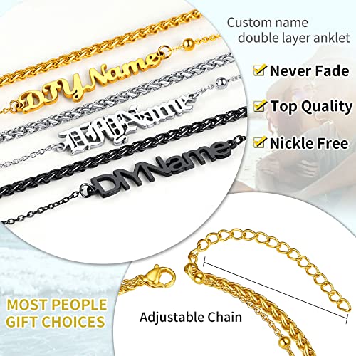 ChainsHouse Double Layer Anklet Bracelet for Women,Adjustable Chain Anklets Stackable Dainty Anklets,Stainless Steel/Gold Plated/Black Ankle Jewelry Gifts - color: B-Gold Plated-Wheat Chain