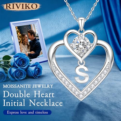 RIVIKO 1 Carat Moissanite Heart Initial Necklace for Women,Letter Pendant | 925 Sterling Silver Chain,Personalized Jewelry,Anniversary Birthday Gifts for Wife Friend Mom - color: Letter S
