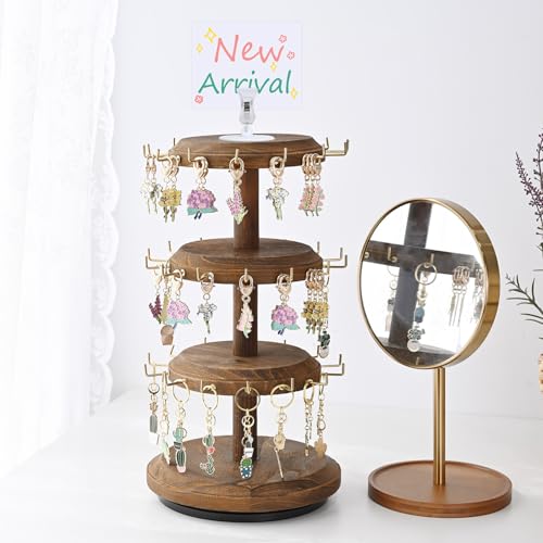 MOOCA 3-Tier Rotating Bracelet Display Stand with 42 Hooks, Jewelry Holder | 3-tier rotating wooden display with 42 hooks keeps bracelets, bangles, watches, and accessories organized and visible. - color: Brown, Round Shape