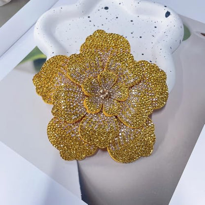 Rhinestone Flower Brooch Pin for Women Men Elegant Sparkly Crystal Camellia Floral Lapel Pins Shawl Dress Suit Clothes Accessories Wedding Party Fashion Jewelry 105mm - color: Gold