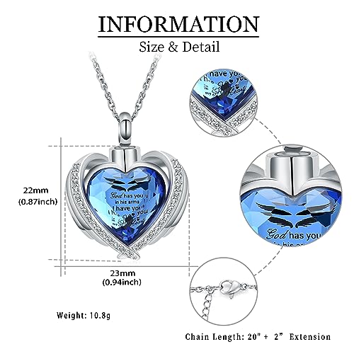 shajwo Cremation Heart Urn Necklace Ashes Jewelry for Women Men Keepsake Pendant Memorial Locket Ash Holder - color: Wing-G Blue