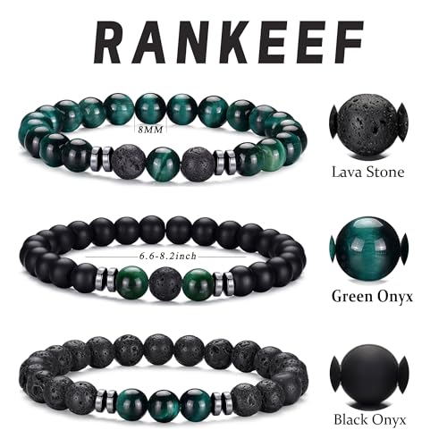 Mens Beaded Bracelets Set 8MM Tiger Eye Lava Stone Stretch Natural Stone Men's Bead Bracelet Mens Bracelet - color: 3, Green Tiger Eye, Frosted, Volcano Bracelet