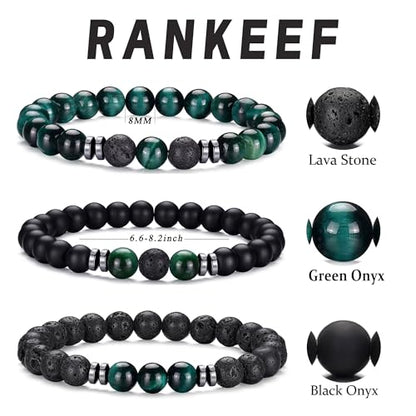 Mens Beaded Bracelets Set 8MM Tiger Eye Lava Stone Stretch Natural Stone Men's Bead Bracelet Mens Bracelet - color: 3, Green Tiger Eye, Frosted, Volcano Bracelet
