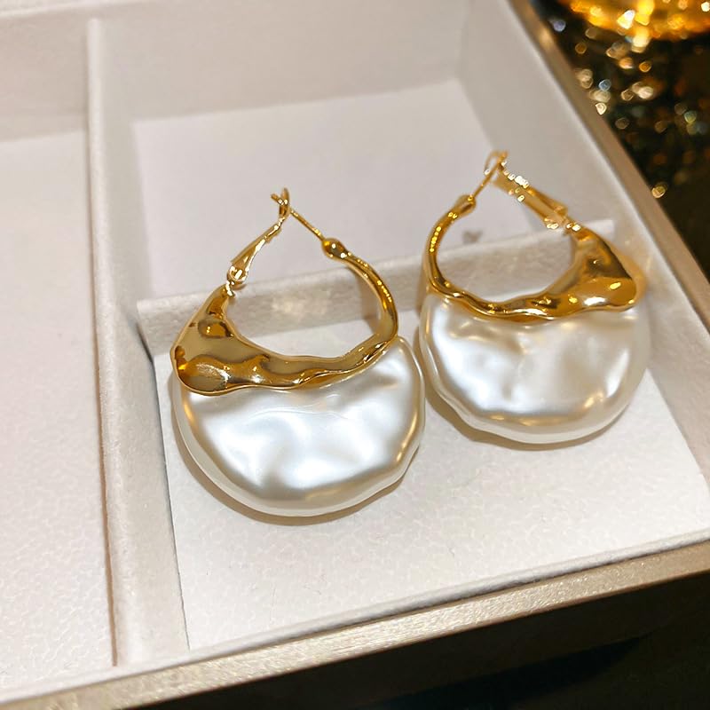 Elegant Geometric Drop Dangle Earrings For Women Irregular Faux Pearl Gold Hoop Earrings Unique Large Statement Pearl Earrings Trendy Jewelry Gifts