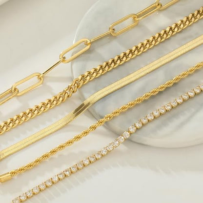 Gold Bracelets for Women 14K Gold Plated Stack Trend Bracelets Charm Paperclip Chain Cuban Link Layered Waterproof Bracelet Dainty Bracelet for Women Jewelry Gifts - color: 5Pcs Gold