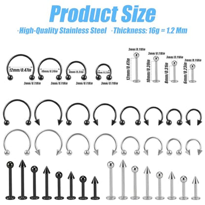 Lusofie 64PCS Lip Rings Labret Jewelry 16G Stainless Steel Helix Earring Daith Tragus Cartilage Studs Horseshoe Snake Bite Lip Piercing Jewelry for Women Men