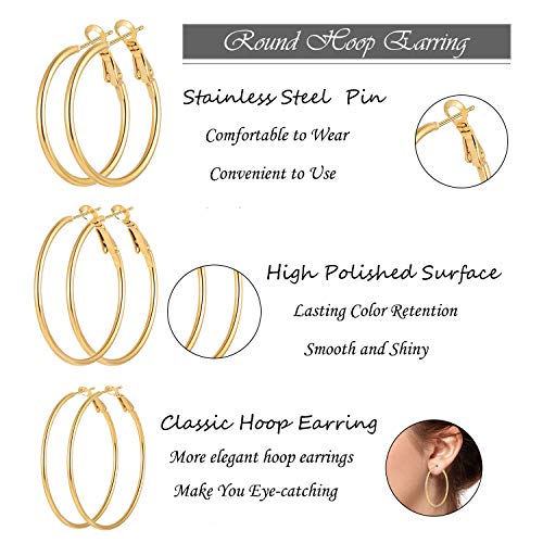 5/12 Pairs Gold Silver Plated Hoop Earrings for Women, Hypoallergenic Stainless Steel Hoops Earrings Set, Lightweight Large Small Hoops Women Earrings Loop Earrings Set - color: 5 Pairs Gold Plated