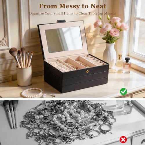 Stackable Jewelry Organizer Trays, 3-Layer jewelry drawer organizer, Perfect for Women and Girls to Store Necklaces, Rings, Bracelets, Earrings, Watches with Removable Dividers for Dresser & Vanity
