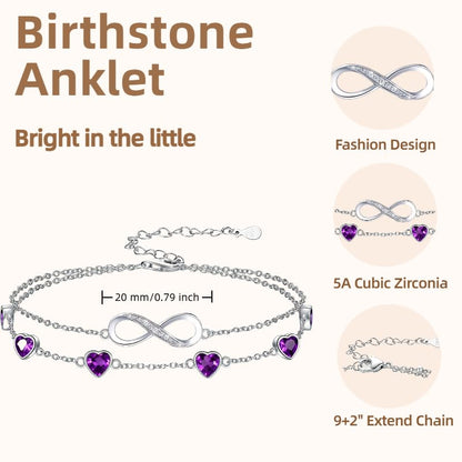 Prismata Infinity Birthstone Charm Link Bracelet/Anklet 925 Sterling Silver Adjustable 12 Months Birthstone Infinity Bracelet/Anklet Birthday Jewelry Gifts for Women Her - color: 02-February, size: 9‘+2’ Anklet