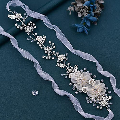 Bride Wedding Headband, Bridal Headpiece, Crystal Pearl Hair Tiara, Rhinestone Bridesmaids Hair Jewelry for Women Party | Ribbon-Tie Design, Faux Pearl Accents And Layered Flowers For Brides And Bridesmaids
