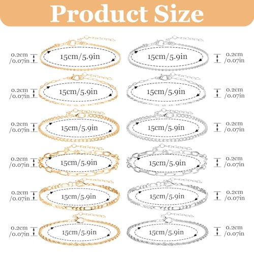 12pcs Gold/Silver Ankle Bracelets for Women Layered Waterproof 14k Cuban Link Chain Anklets Set Adjustable Dainty Summer Beach Gold Accessories Boho Bracelet Jewelry - style: 12PCS Style A