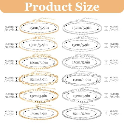 12pcs Gold/Silver Ankle Bracelets for Women Layered Waterproof 14k Cuban Link Chain Anklets Set Adjustable Dainty Summer Beach Gold Accessories Boho Bracelet Jewelry - style: 12PCS Style A