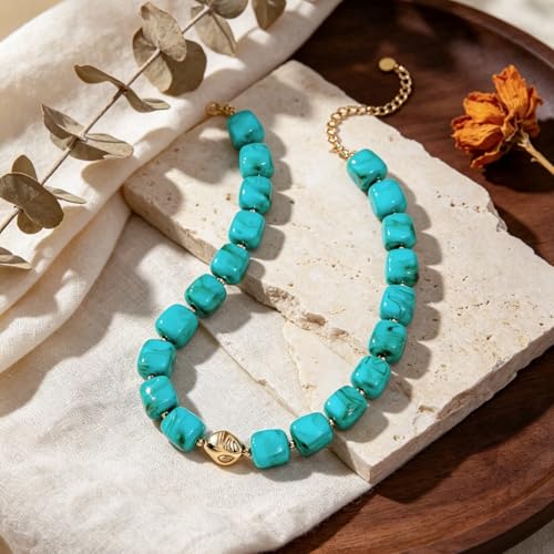 Beaded Necklaces for Women Boho Chunky Necklace Statement Big Resin Bead Choker Fashion Summer Beach Jewelry - color: Turquoise