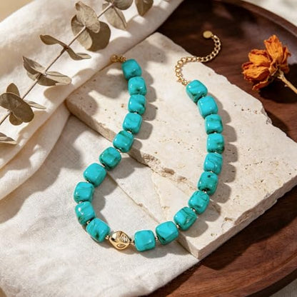 Beaded Necklaces for Women Boho Chunky Necklace Statement Big Resin Bead Choker Fashion Summer Beach Jewelry - color: Turquoise