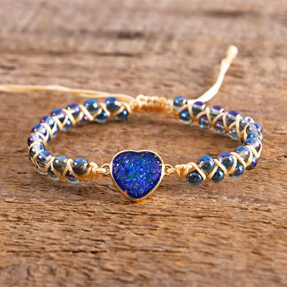YGLINE Stone Bead Yoga Meditation Bracelet Healing Crystal Double Layer Natural Gemstone Beaded Relax Anxiety Bracelets for Women Men - color: navy blue