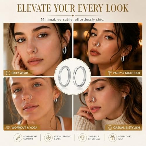 2PCS 16G Titanium Nose Rings for Women, Nostril and Septum | F136 Implant Grade Titanium, Hypoallergenic, 1.2 mm ×8 mm, Faceted and CZ Hinged Clicker Hoops for Nostril or Septum - color: Style B Silver-8mm