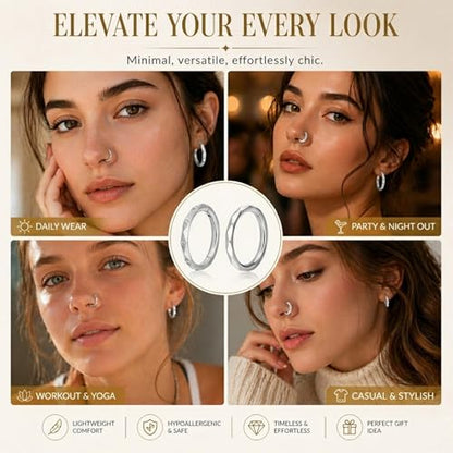 2PCS 16G Titanium Nose Rings for Women, Nostril and Septum | F136 Implant Grade Titanium, Hypoallergenic, 1.2 mm ×8 mm, Faceted and CZ Hinged Clicker Hoops for Nostril or Septum - color: Style B Silver-8mm