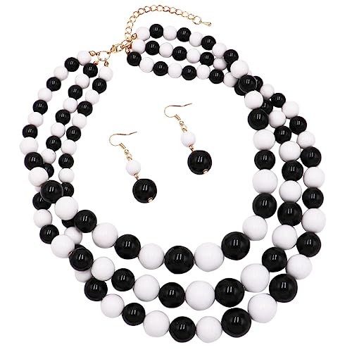 Rosemarie & Jubalee Women's 3 Colorful Multi Strands Simulated Pearl Necklace And Earrings Jewelry Gift Set, 18"+3" Extender - color: Black And White Gold Tone - Double Ball Earring