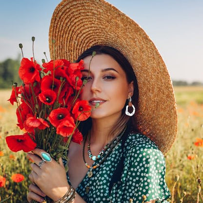 Ecally Bohemian Western Jewelry Turquoise Set Women Country Pendant Long Choker Layered Bracelets Earrings Ring for Women - color: Turquoise, style: Artistic